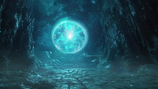 Portal door in dark cave. Brightly colored blue fairy. 4k fantasy video. For fantasy and epic music video.