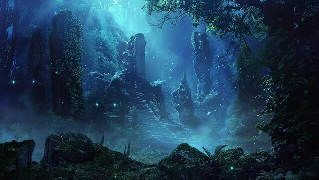 Ancient ruins with oasis and waterfall surrounded by mountains. Beautiful fantasy landscape and atmospheric loop video.