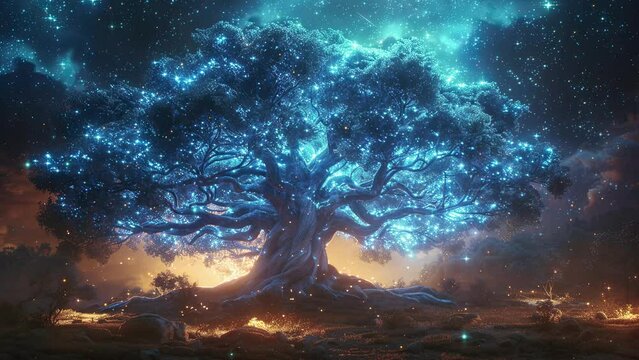 Beautiful tree with blue firefly and colorful ambiance. 4k Fantasy video. Loop animation for relaxing music video