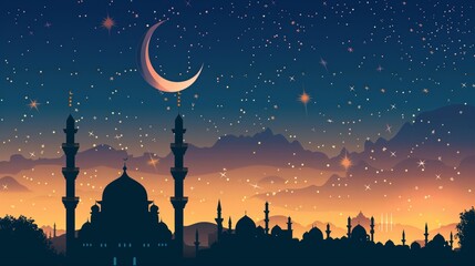 Silhouette of a mosque skyline under a starry sky with a large crescent moon, depicting an Eid celebration.