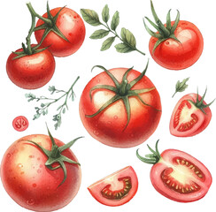 set of watercolor tomatoes in vector 