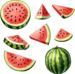 set with watermelon in watercolor style in vector 