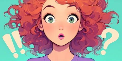 pop art style cartoon comic of an extremely excited woman with red hair, purple shirt and pink lipstick, shocked expression