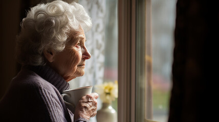 An older woman staring out of a window with a cup of tea in her hand.