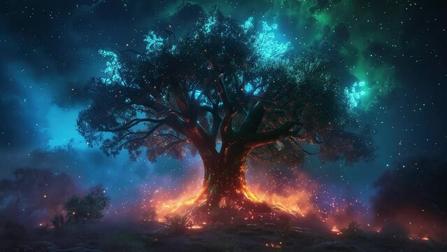 Beautiful tree with blue firefly and colorful ambiance. 4k Fantasy video. Loop animation for relaxing music video