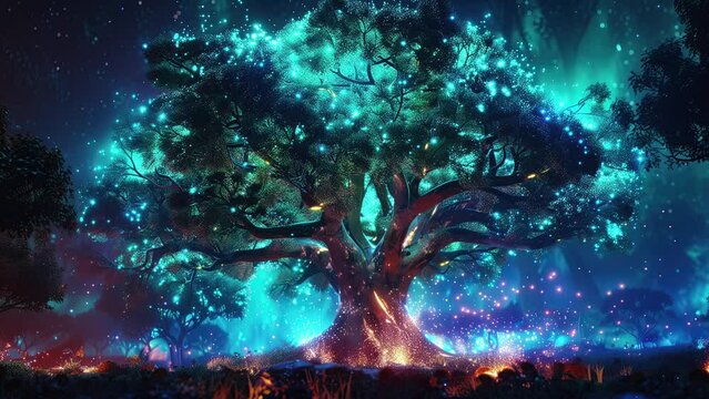 Beautiful tree with blue firefly and colorful ambiance. 4k Fantasy video. Loop animation for relaxing music video