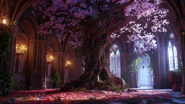 Beautiful tree with blooming flower and colorful ambiance. Fantasy and fairy tale setting video. Loop animation for relaxing music video