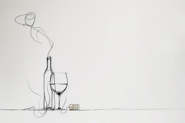 Simple line drawing of a glass of wine and a bottle of wine. Wine aesthetics. Isolated white background