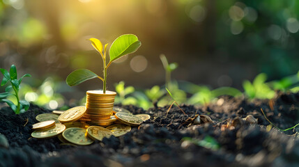 green plant growing from a stack of coins on a business table, representing the concept of sustainable financial growth, positive outcomes and good financial decisions - Powered by Adobe