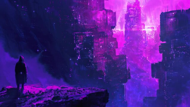 Purple night in the city with neon lights. Relaxing and ambient loop video animation. For relax and chill music video