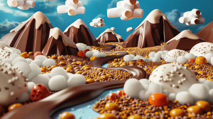 Surreal Candy Landscape with Chocolate Rivers and Marshmallow Clouds