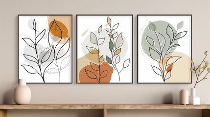 A modern interior wall displaying three framed botanical illustrations in warm tones.