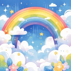 rainbow with clouds,  illustration, clip art for stickers, white background