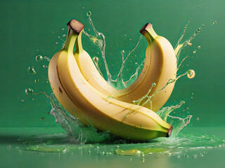 Banana splash with milk and water on green studio background