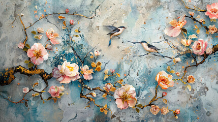 3D blooming flowers and birds, Fluid abstract expressionism, Aesthetics colorful floral inspirational tenderness illustration, oil paint, 3D Wall decoration photo, Generated AI.