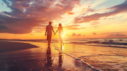 Happy romantic couple enjoying beautiful sunset