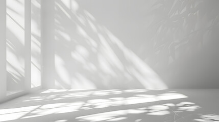 Realistic and minimalist blurred natural light windows, shadow overlay on wall paper texture, abstract background. Minimal abstract light white background for product presentation