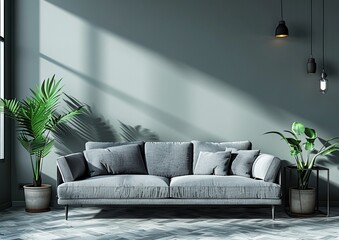 Gray sofa in living room with copy space.