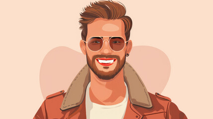 Obraz premium A fashionable young smiling man on simple flat beige background with copy space. Flat illustration style, banner or post template.
