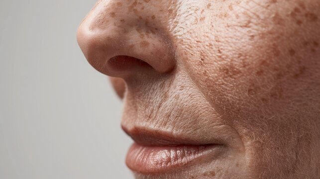 close up the flabbiness and wrinkle beside the mouth, Flabby skin, dark spots and rough skin, blemish, the mouth dry skin, freckles and pore on the face of the woman, health care and beauty concept.