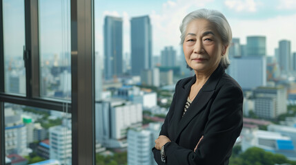 Fototapeta premium copy space, stockphoto, portrait of a senior asian business woman in a modern office on a high floor in a skyscraper, overlooking the city. Female Asian succesful businesswoman in a skyscraper.