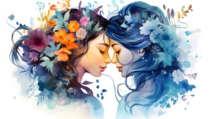 vibrant watercolor illustration of same sex couple illustration for pride month. girl love girl and transgender.