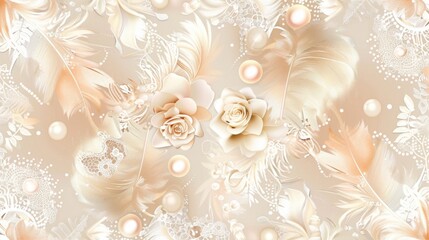 Elegant Beige Floral and Feather Pattern Wallpaper Design