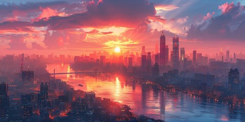 Fototapeta premium A city skyline with a large body of water in the foreground