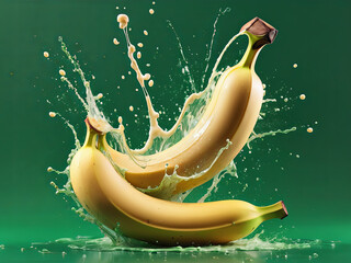 Banana splash with milk and water on green studio background