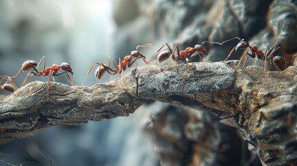 Group of ants works constructing bridge