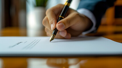 Close-up of signing a document with a luxury pen. Symbolizes authority and decisions in professional settings.