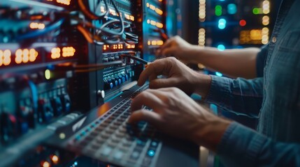 Fototapeta premium Data Center Programmer Using Digital Laptop Computer, Maintenance IT Specialist. Cloud Computing Server Farm System Administrator Working on Cyber Security for Iaas, saas, paas. Closeup Focus on Hands
