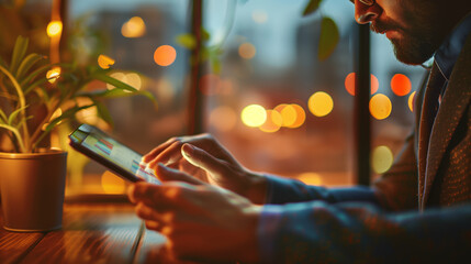 A man is sitting at a table with a tablet in front of him