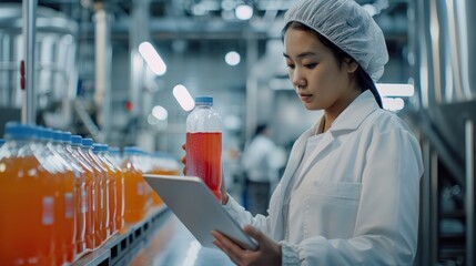 Quality control and food safety inspector test and check product contaminate standard in the food and drink factory production line with hygiene care. Food industry concept.