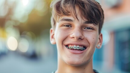Close-up of a smiling teenage boy with braces, showing a joyful expression in an outdoor setting. - Powered by Adobe