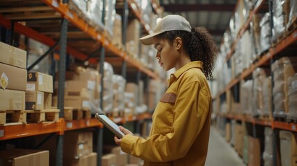 Female worker in a warehouse using a tablet to check the stock of boxes and prepare goods for delivery.