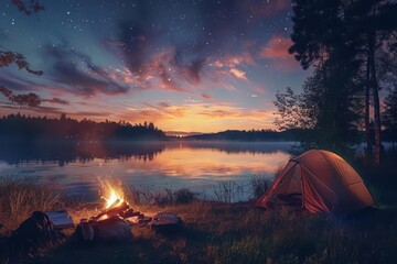 An idyllic summer campsite at dusk, with tents set up near a calm lake, a campfire ready for the night, and stars beginning to appear in the twilight sky
