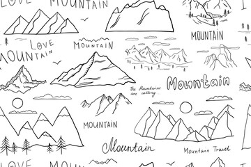 Seamless pattern of mountains and lettering in doodle style. Mountain peaks. Climbing. Hiking. The mountains are calling. Travel design. Adventure. Hand drawn vector illustration Great for poster - obrazy, fototapety, plakaty