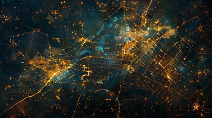 Stunning aerial view of a cityscape at night with glowing lights and intricate road networks