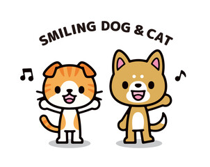 Simple and cute character illustration of a smiling dog and cat