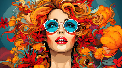 vibrant pop-art illustration of girl power with flowers decoration.