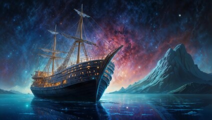 A luminously ethereal Temporal Trawler drifts among swirling clouds of stardust, its sleek hull shimmering with iridescent hues of silver and indigo