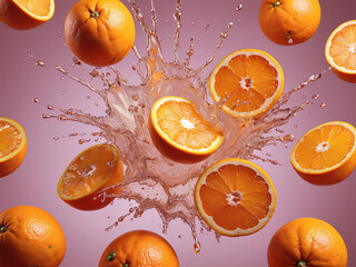 Orange fruit and slices on studio background, with water splash