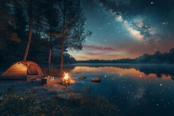 An idyllic summer campsite at dusk, with tents set up near a calm lake, a campfire ready for the night, and stars beginning to appear in the twilight sky