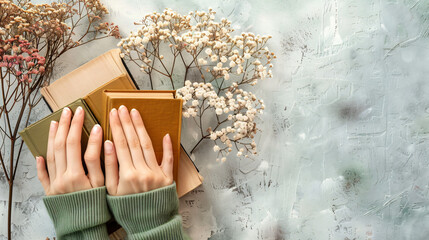 Female hands with books on light background