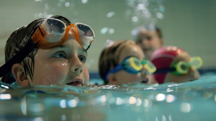 Close-up of children wearing swimming goggles in a pool, with a focused expression during swim class.