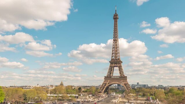 Paris France time lapse city skyline at Eiffel Tower and Trocadero Gardens
