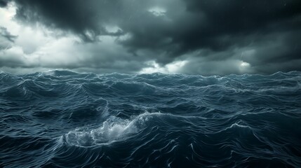 Dramatic stormy ocean waves under dark thunderclouds.