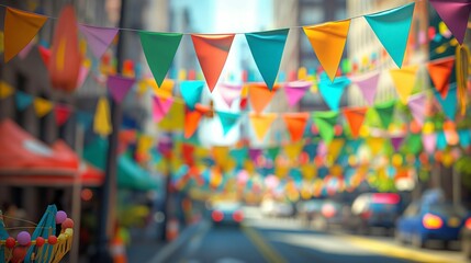 Fototapeta premium Colorful festival bunting flags hanging above a vibrant city street.