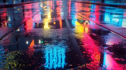 Rain-soaked street reflecting vibrant neon lights at night.